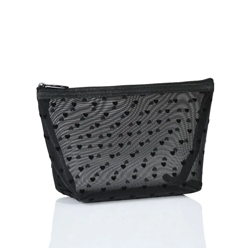 Casual Wave Point Love Heart Mesh Makeup Bag Zipper Large Capacity Transparent Cosmetic Bag Organizer Case Toiletry Bag Girls