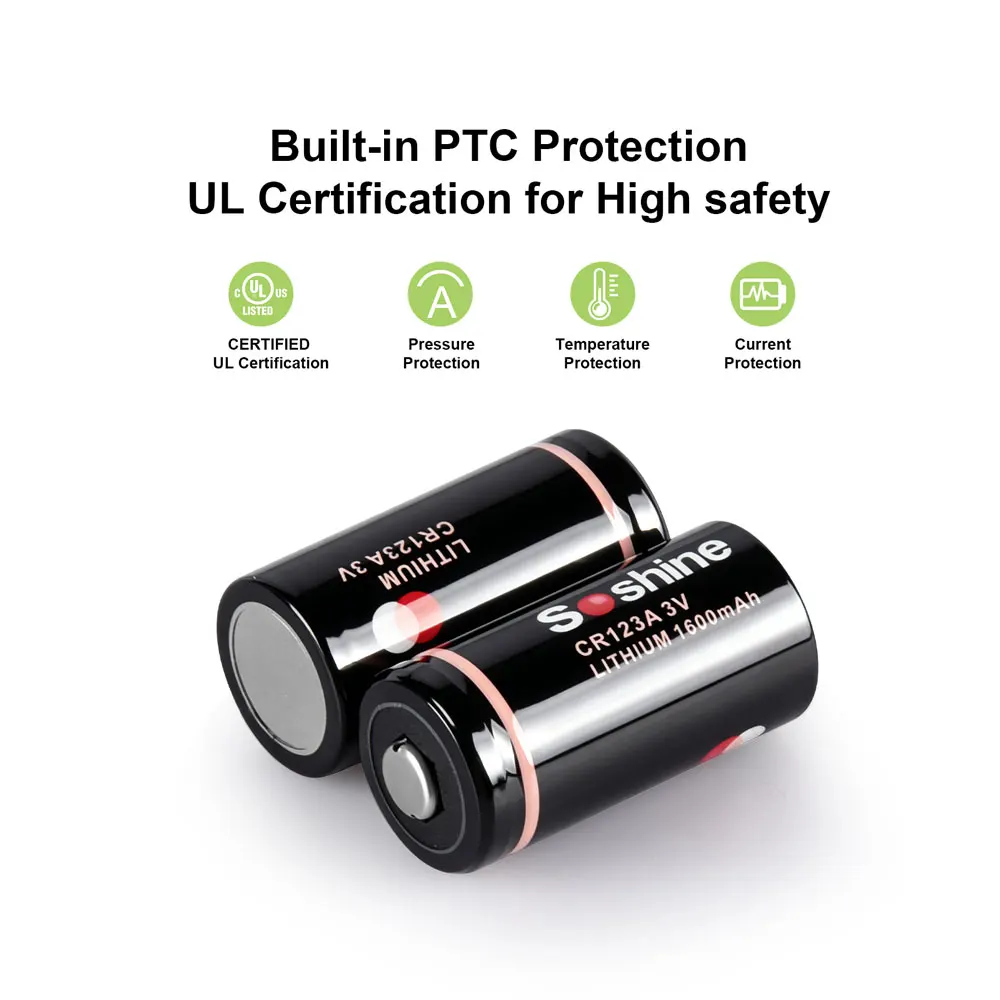 Soshine 1600mAh CR123A 3V Primary Lithium Battery 3 Volt CR123A Batteries Non-Rechargeable Li-ion Battery 10 Years Storage Life