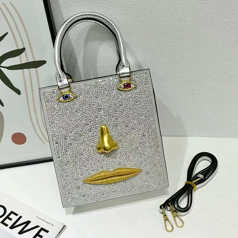 Retro 3D Face Handbag Light Luxury Sparkling Creative Styling Diamond Studded Bag Funny Purses for Women Party Evening Bag