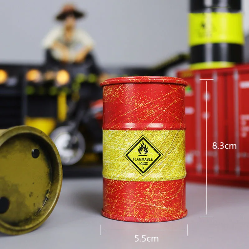 Chemistry Oil Drum Model Iron Mini Oil Drum Model Car Model Storage Box Desktop Decoration War Games Scene Model for Boys Gifts