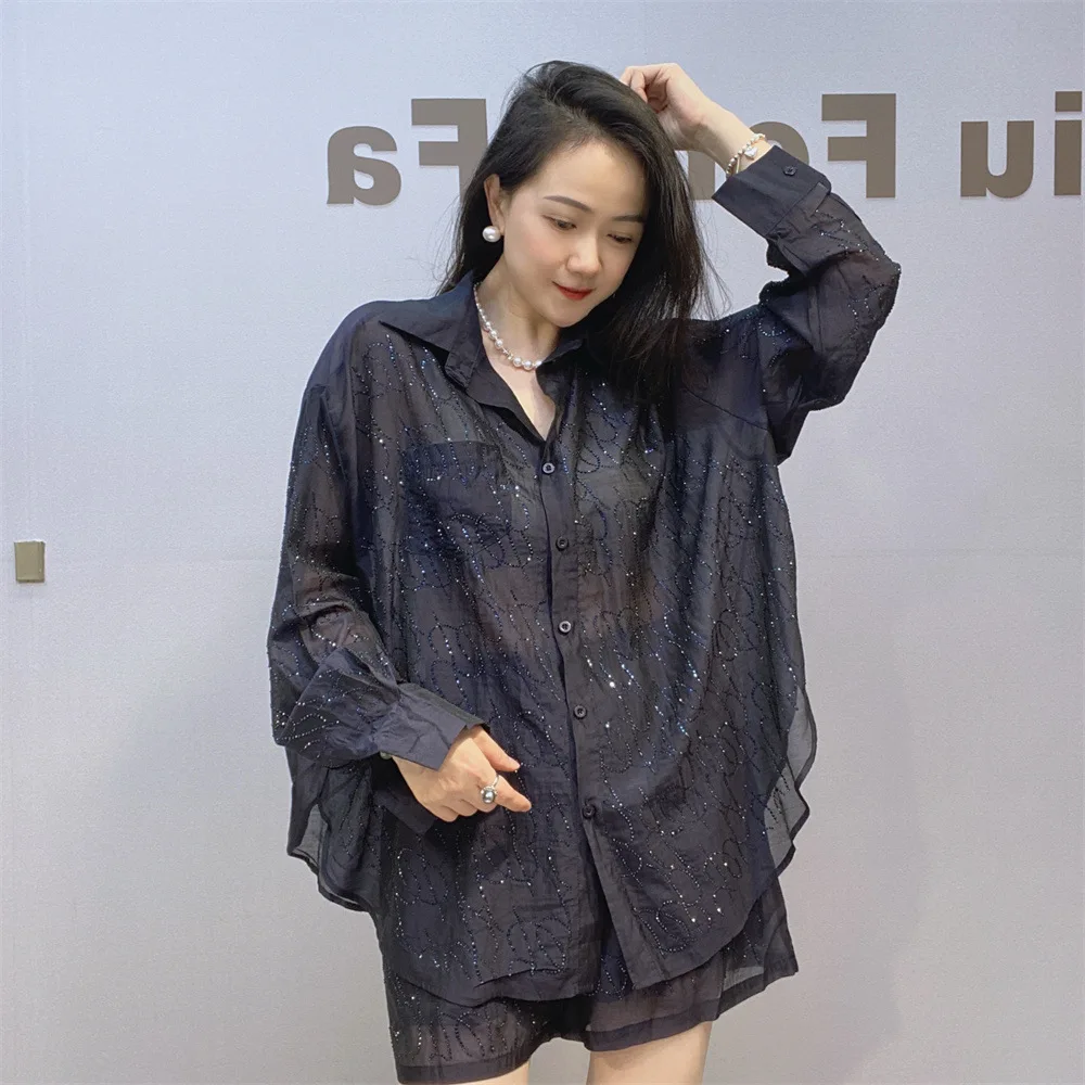 Casual Long Sleeve Blouse Shirt 2 Piece Sets Women Korean Popular Oversized Short Pants Sets Y2k Clothes Streetwear Bust148cm