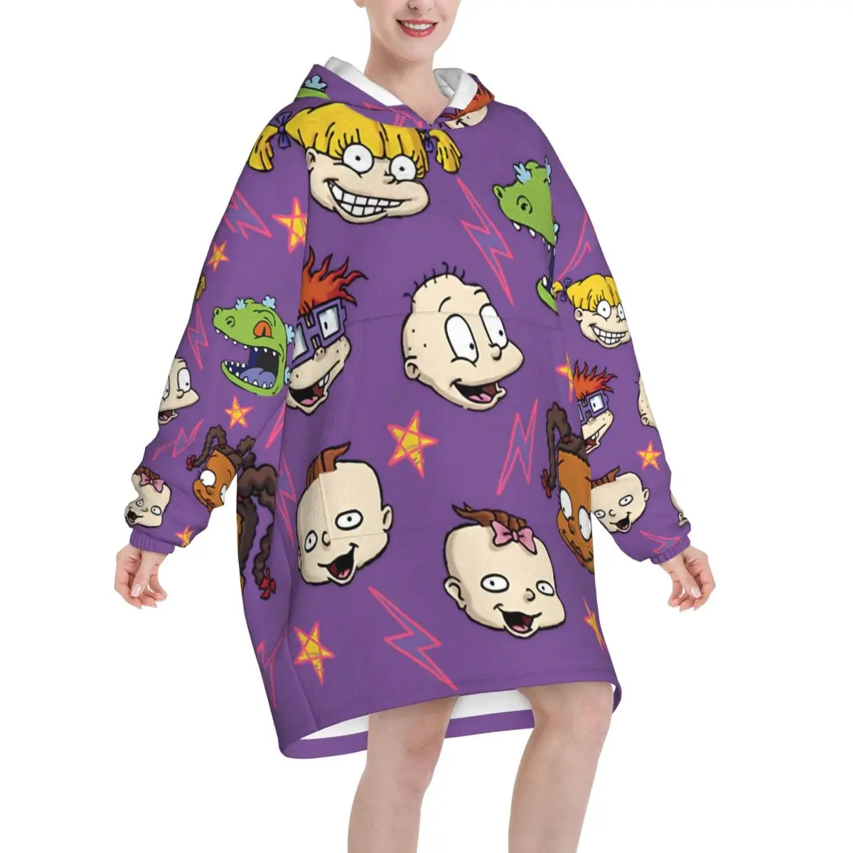 Cartoon R-Rugrats Oversized Blanket Hoodie Sweatshirt Long Fleece Hooded Wearable Blanket with Large Pocket for Women Men