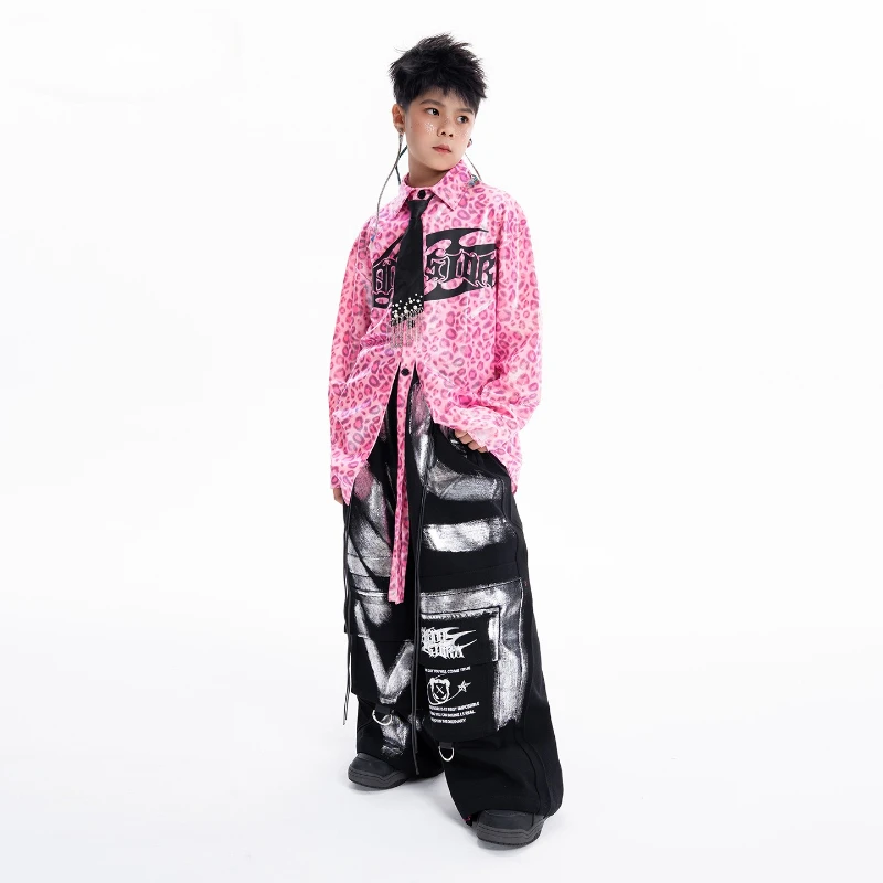 ملابس الهيب هوب للأولاد للرقص في الشوارع وردي بأكمام طويلة وسراويل سوداء للفتيات أزياء أداء الجاز مجموعة أزياء ملابس المسرح