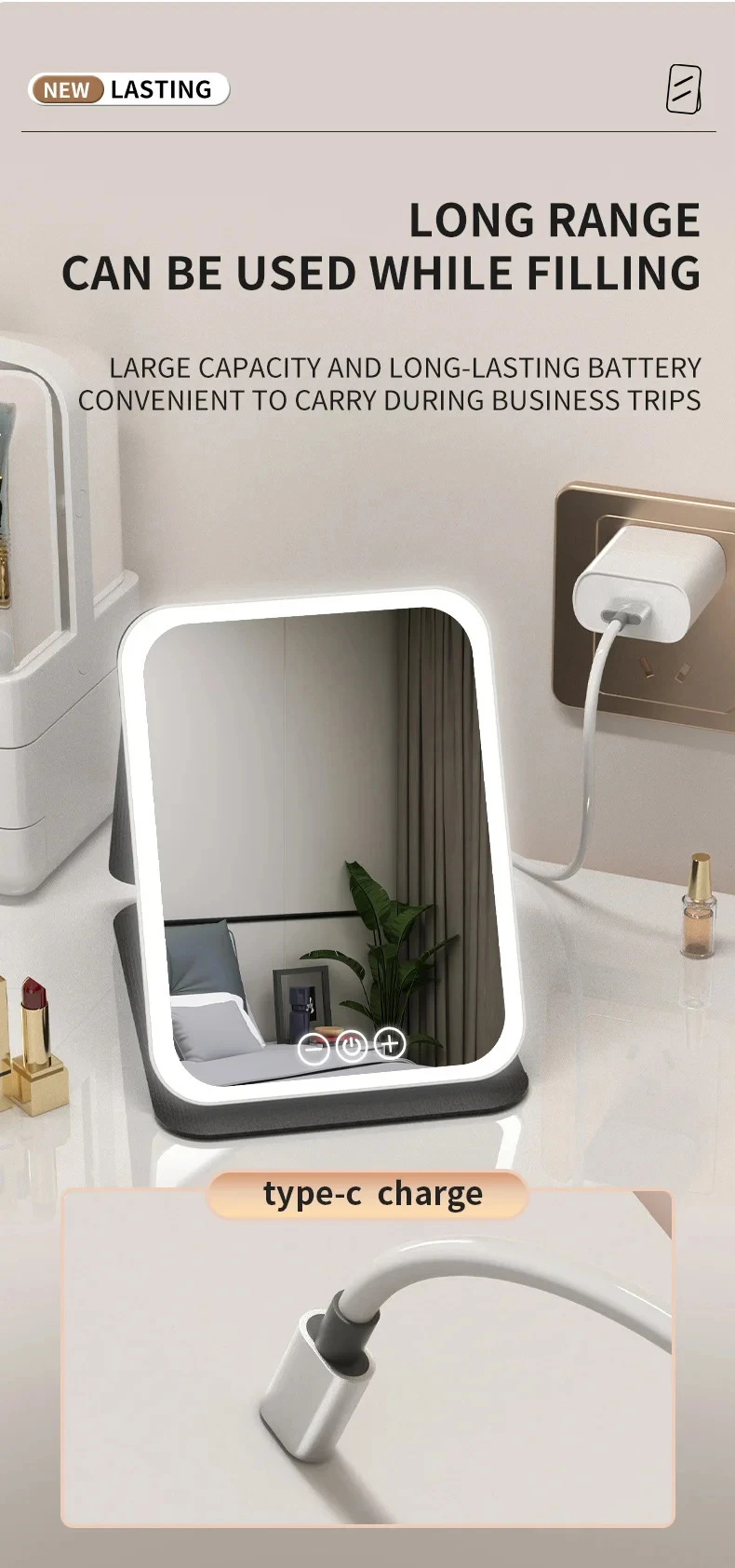 GGbingo USB Rechargeable 3 Colors LED Makeup Mirror Pocket Mirror Touch Dimmable 3 Brightness Foldable for Travel Office Home