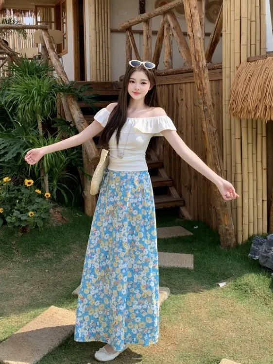 

plus Size Women's Summer Shirt Short Sleeve High Waist Floral Halter Neck Skirt Fashionable Commute Korean Style Slim Fit