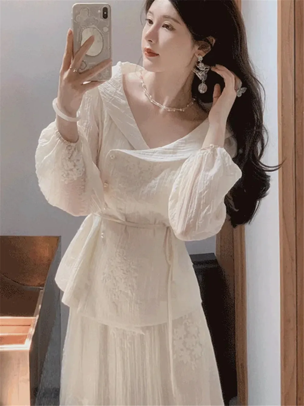 Elegant Embroidered Office Ladies Spring 2pcs Set Lapel Lace Up Lantern Sleeves Pearl Button Shirt + High Waist Tulle Long Skirt