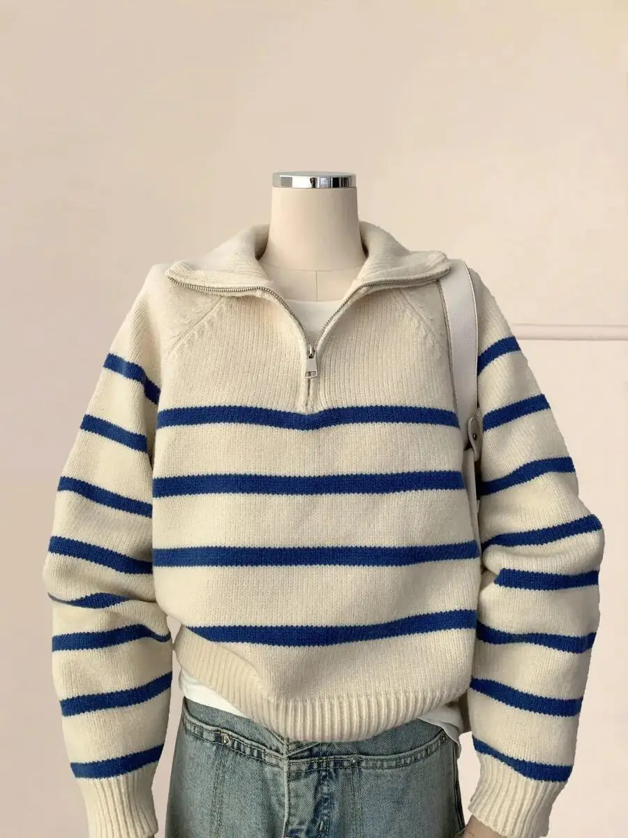 White Striped Bear Velvet  Neck Knitted Sweater Women's Autumn Winter Half Zipper Inner Wear Base Shirt Top Winter