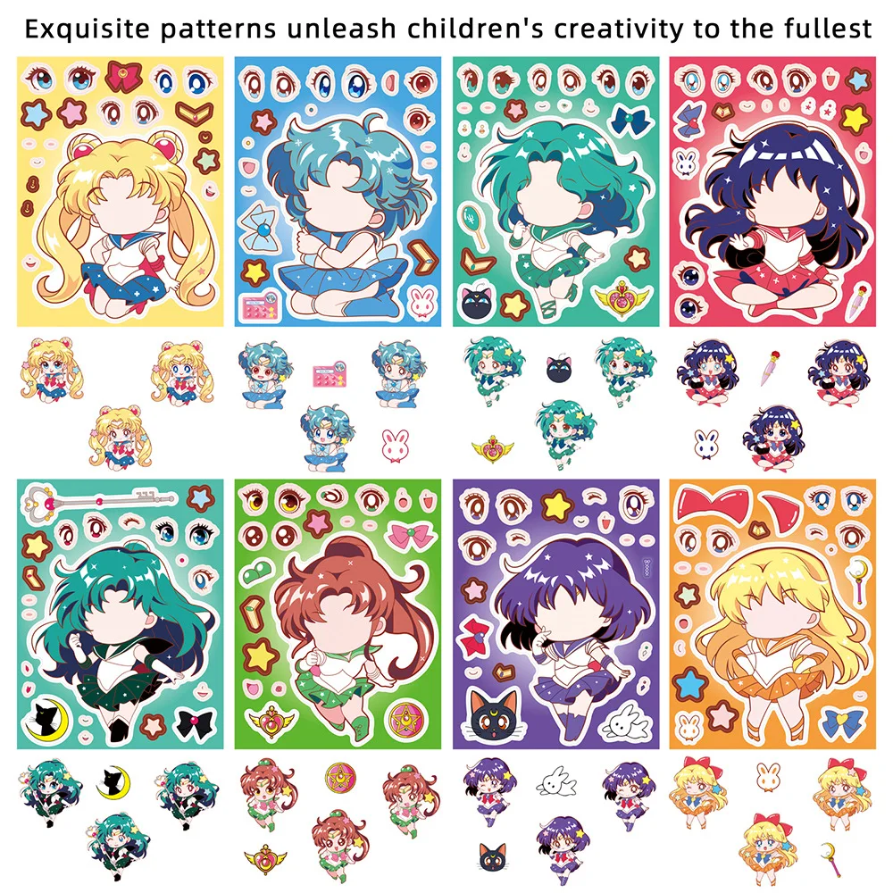 8Sheets Anime Sailor Moon Puzzle Stickers Make A Face Children Cartoon DIY Assemble Jigsaw Decals Kids Party Decor