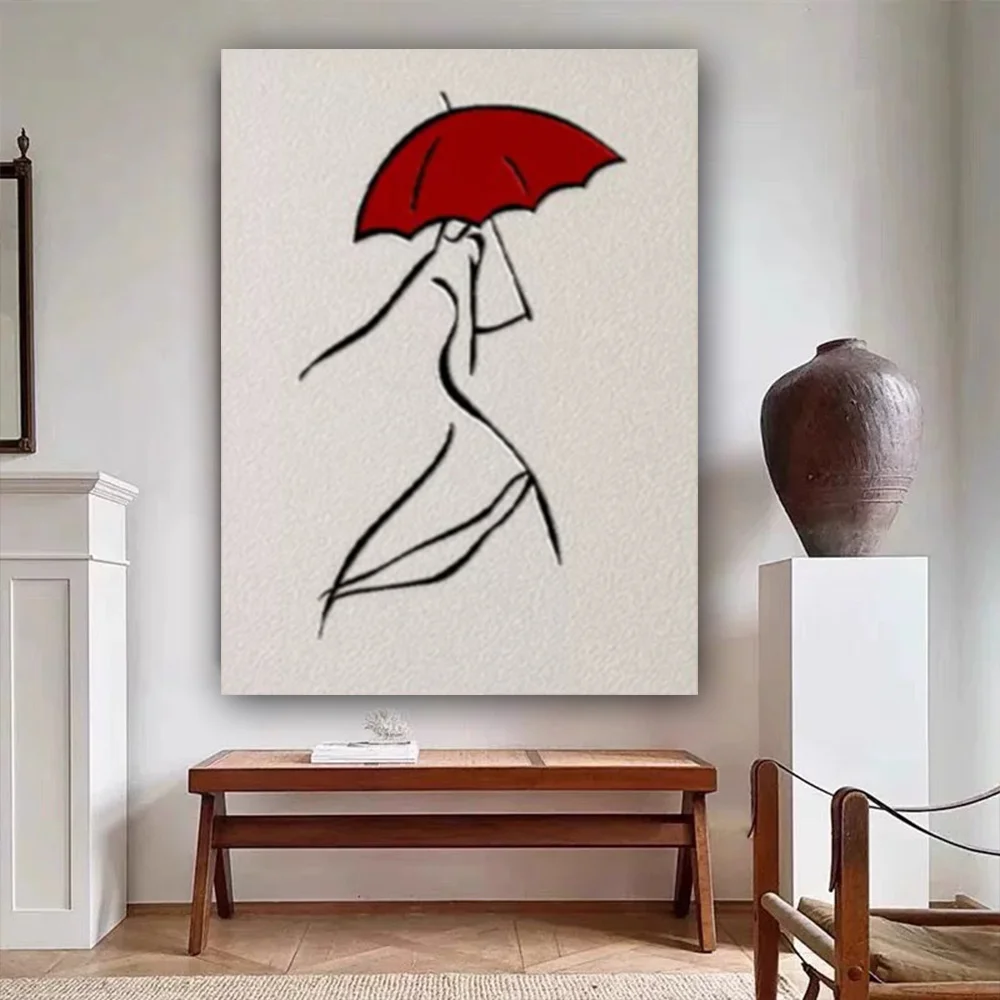 

100% hand drawn red umbrella woman abstract oil painting original wall painting home living room decoration paint interior aesth