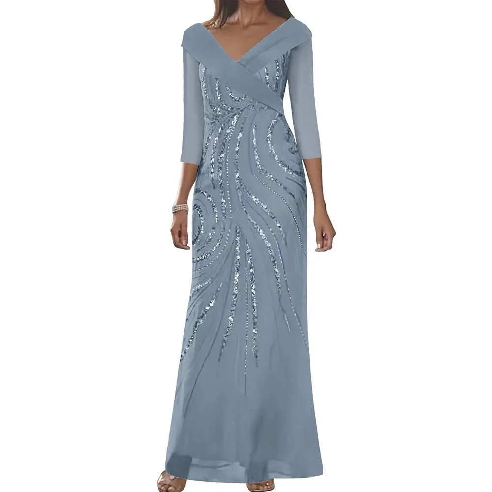 Maßgeschneiderte Perlen-Pailletten-Mutter der Braut-Kleider für Frauen mit Ärmeln, V-Ausschnitt, Chiffon, langes formelles Abend-Partykleid