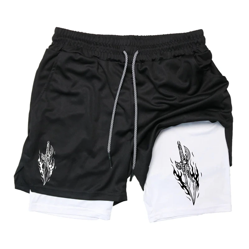 

Dagger Print 2 in 1 Performance Shorts for Men Athletic Quick Dry Shorts with Phone Pocket Gym Workout Running Training Shorts