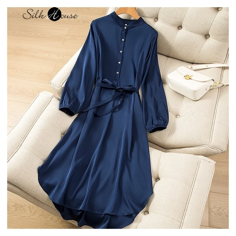 

2023 Fashionable Women's Clothing Early Autumn New Silk Round Neck Waist Mid Length Design Sense Double Qiao Long Sleeve Dress