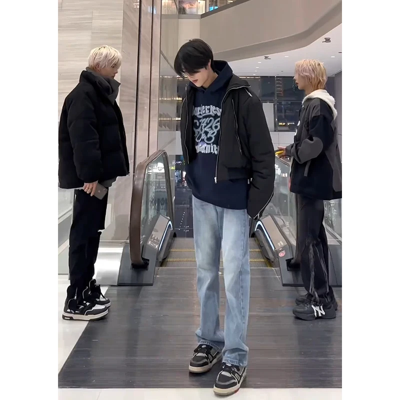 

Light Blue Men's Jeans High Street Sle Spring Faion Straight Leg Long Tapered Jeans mid Rise Zipper Fly Casual Denim