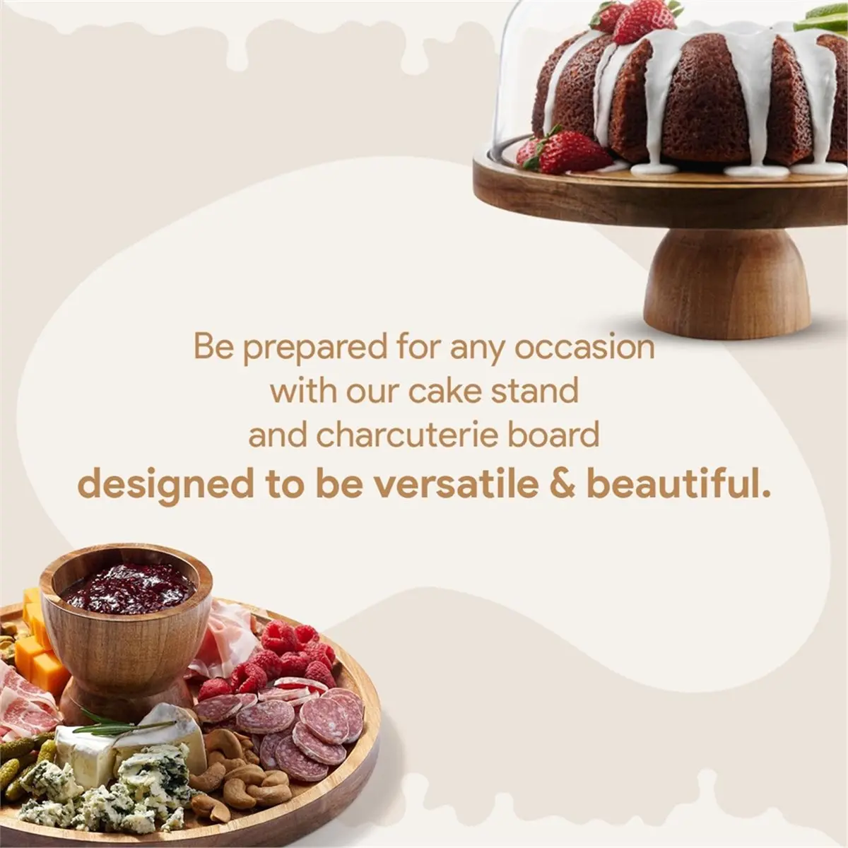 Wood Cake Stand - Holder, Holiday Hosting Essential, Fruit Tray Festive Dessert Display & Charcuterie Board Round Tray