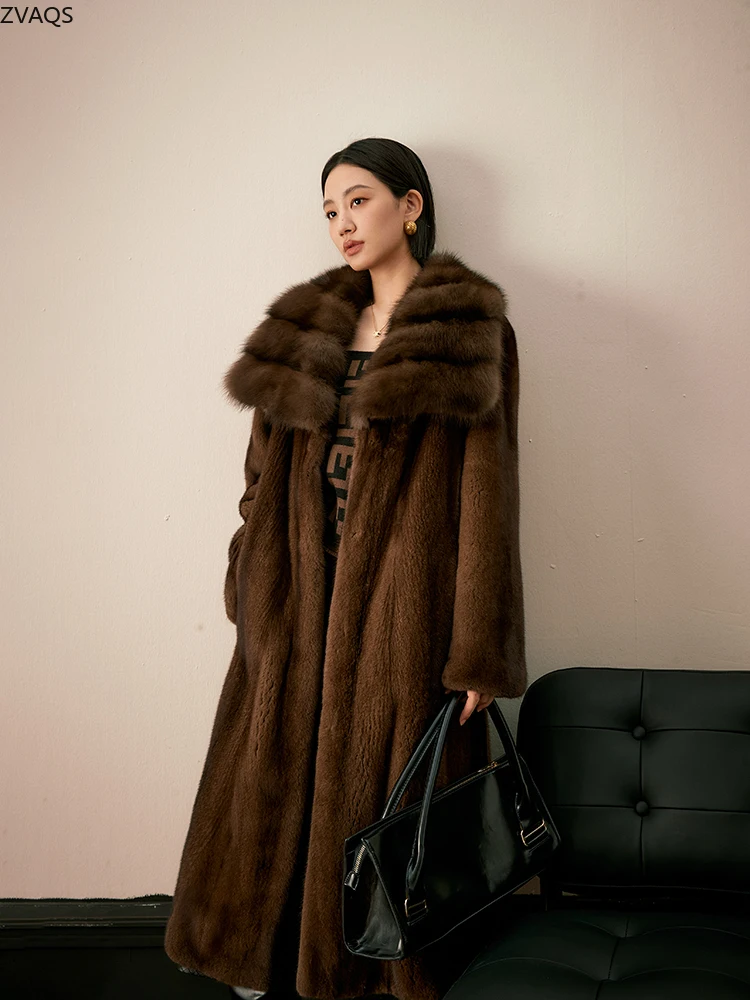 ZVAQS Natural Coffee Mink Fur Coat Women Fashion Long Fur Jacket Winter Luxury Clothes Old Money Style Outerwears 2024 Fourrure