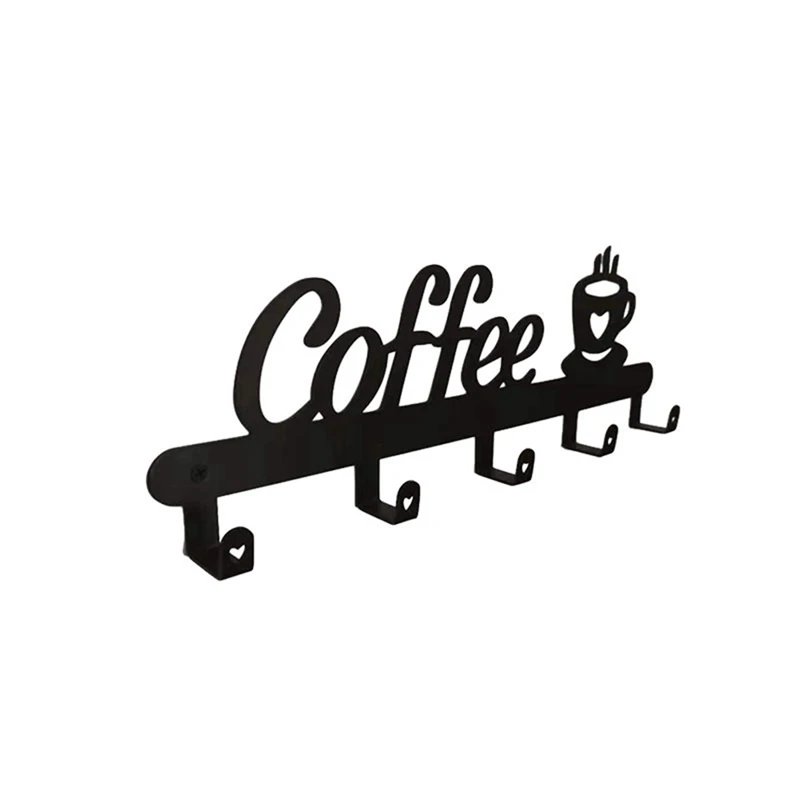 Suporte de caneca de café montado na parede (5 ganchos), sinal de decoração de cozinha ou bar de café, para exibição e organizador de cabides de caneca de café