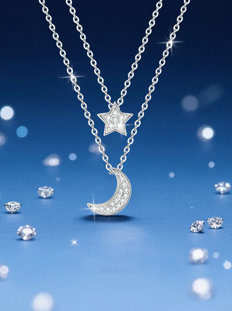 قلادة Sangshi بطبقة مزدوجة على شكل نجمة وقمر للنساء، طراز Ins، فضي عصري كوري و ياباني بسيط S925 Clavic #1