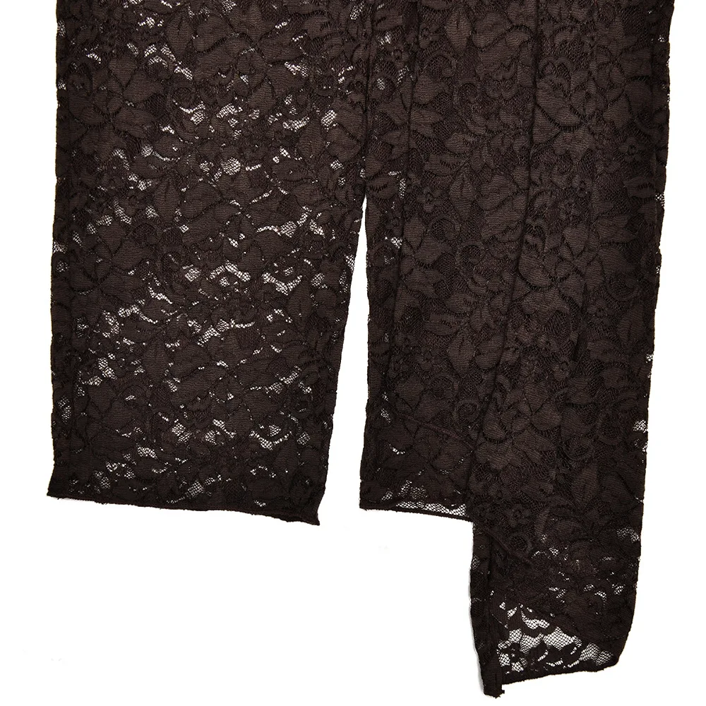 ผู้หญิงเซ็กซี่ดูผ่านลูกไม้ Playsuits ลึก V คอยาวแขนยาวโลหะหัวเข็มขัดริบบิ้น Ruched Capris Overalls Club Party Rompers