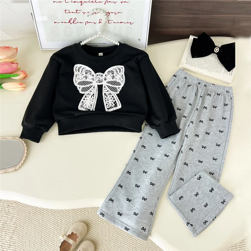 2026 Autumn Bow Print Sets Girls Fashion Pullover Clothing Suits Kids Long Sleeved Tops+Bell-bottom Pants 2Pcs Outfits 3-8 Years