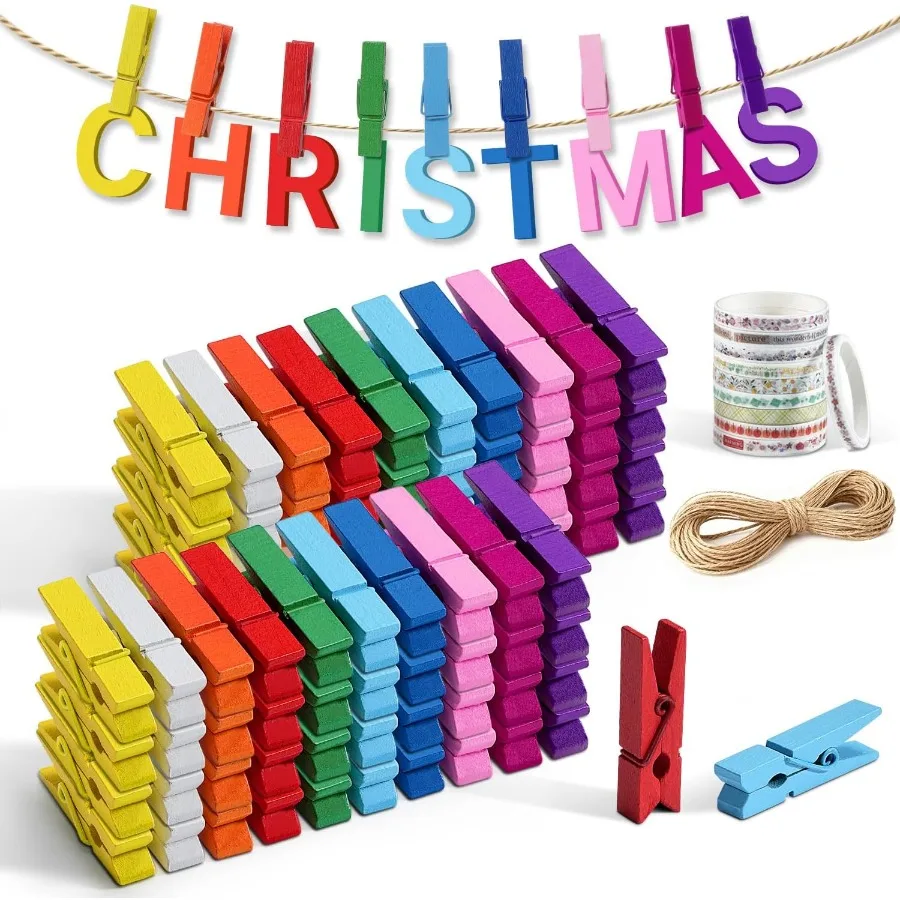 

Mini Clothespins 100 Pcs 1.4'' Strong Mini Clothespins for Photos with 10 Pcs Washi Tapes and 43 Ft Jute Twine Colorful Wooden