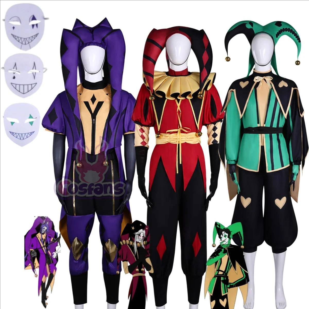 The Freak Circus Pierrot Jester Harlequin Cosplay Costume Clown Purple Red Green Uniform Hat Man Woman Halloween Christmas Suit view 6