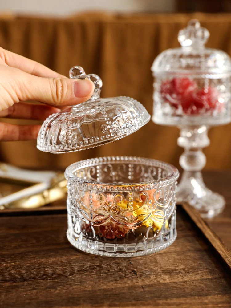 Creative Crown Relief Glass Jar Jewelry Box with Lid High Bowl Exquisite Home Decoration Candy Box Storage Jar Dried Fruit Box