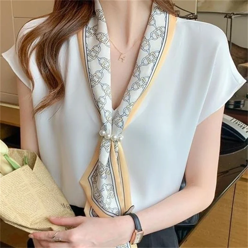 Woman Summer Style Blouses Shirts Lady Casual Short Batwing Sleeve V-Neck Bow Tie Decor Loose Blusas Tops WY1000