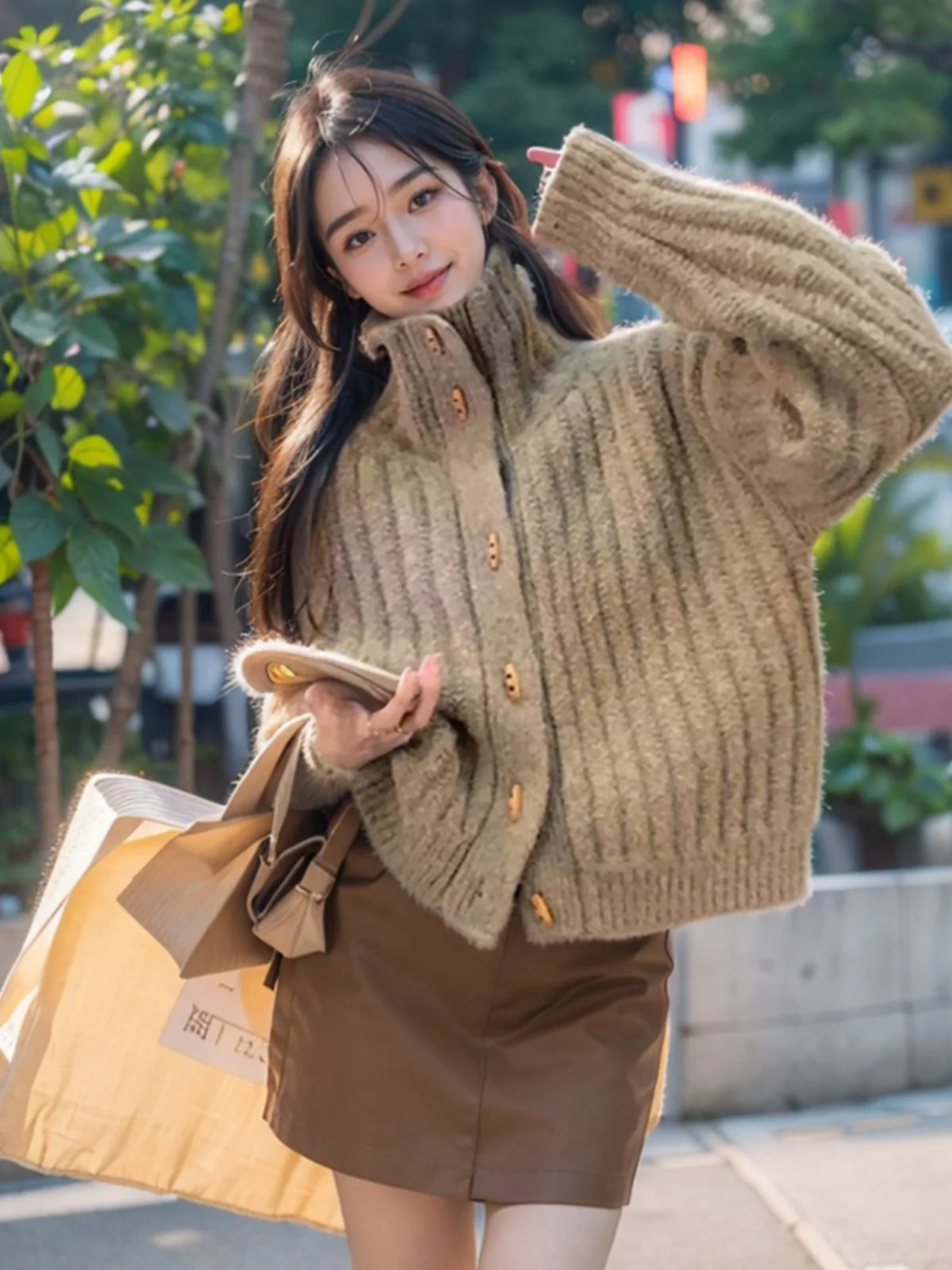 

Высококачественный черный свитер с высоким воротником Sense, верхняя одежда, женский короткий свободный мягкий клейкий утолщенный вязаный кардиган, темпераментный уличный...