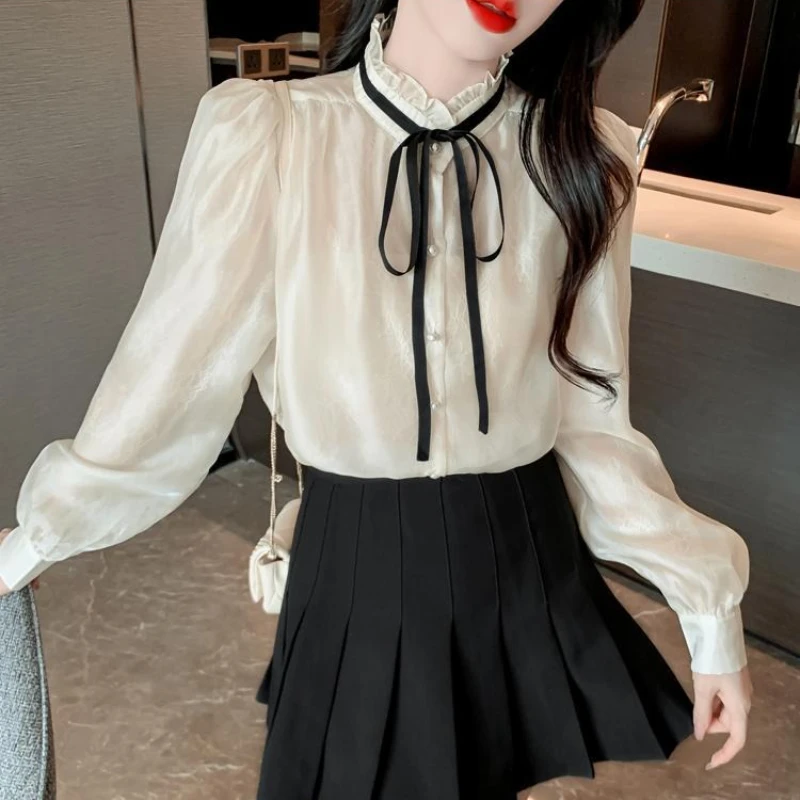 Com arco camisas e blusas para mulheres casual juventude elegante 2025 novidade de alta qualidade simples barato elegante gola peplum mulher topo