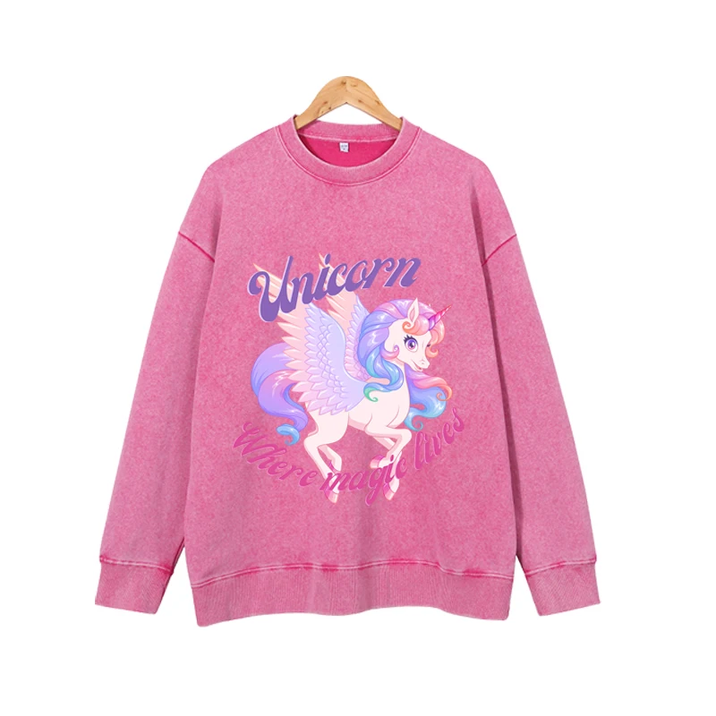 Women\'s round neck sweatshirt paired with purple unicorn print casual pure cotton loose women\'s long sleeved top