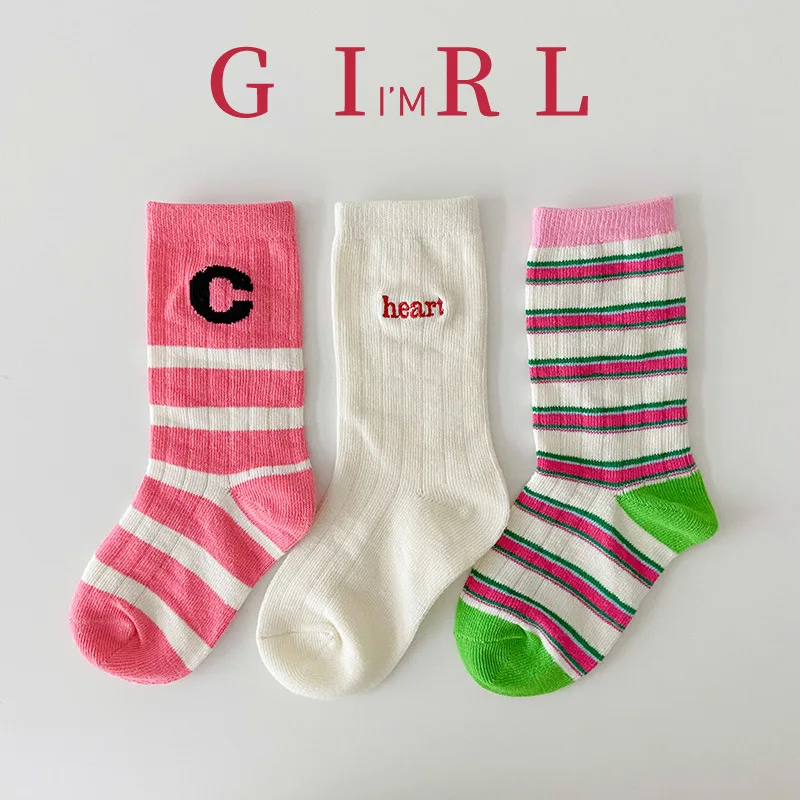 Children Socks Girls Spring Autumn Calf Socks Letter Striped Pattern Sports Socks Kids Socks Baby Boys Cotton Socks