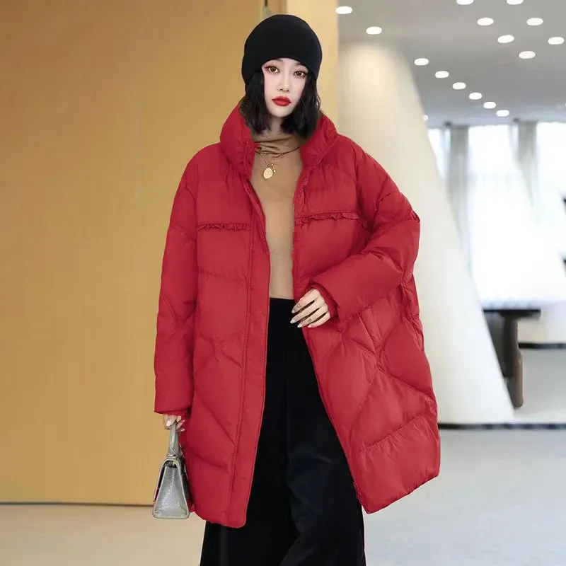 New Oversized Women\'s 90% White Duck Down Coat Winter Thick Warm Down Jacket Loose Snow Female Stand Collar Long Parker Overcoat