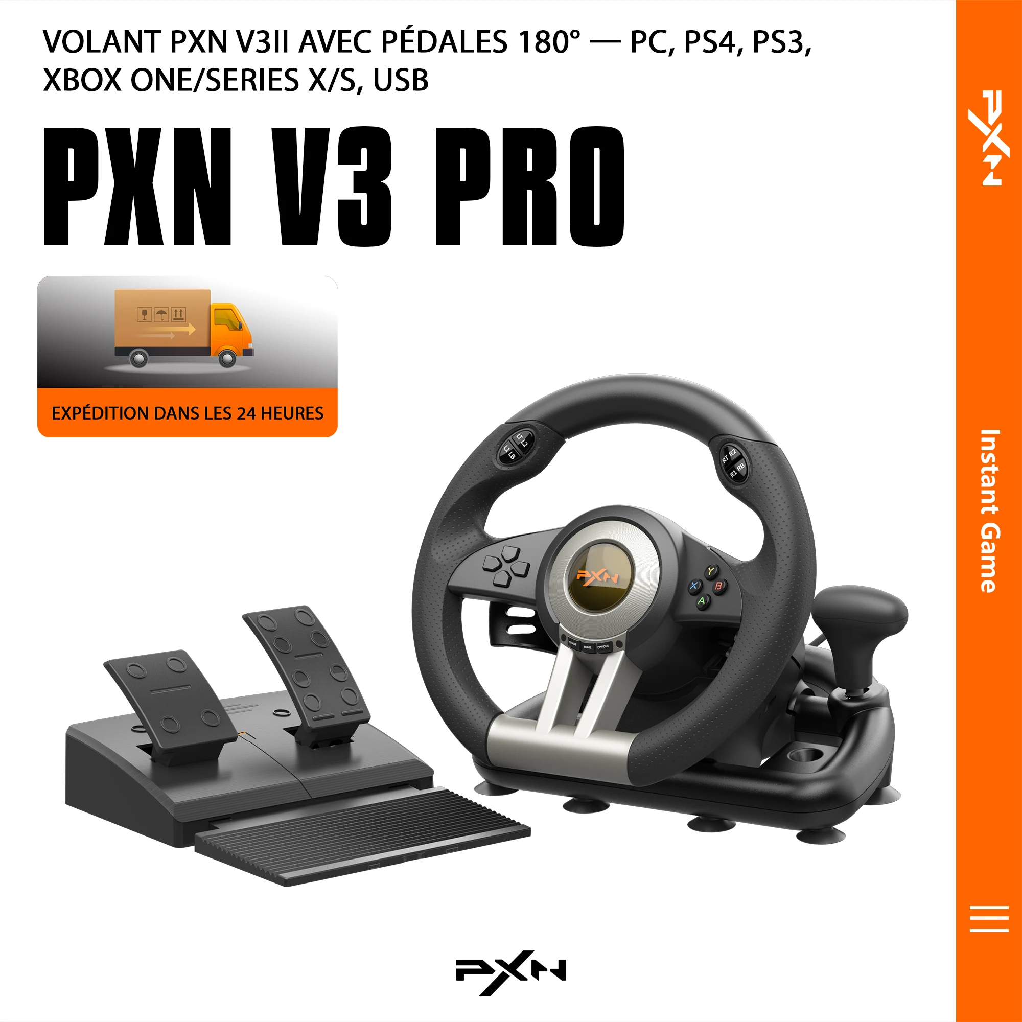 Volant de course pour PC PXN V3 PRO avec pédales, 180° °   Volant USB pour PC/PS3/PS4/Xbox One/Series X/S/Switch