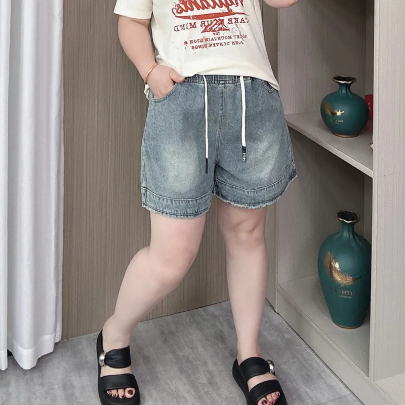 Elastic Waist Denim Shorts Women 2024 Summer New Plus Size Loose Thin Casual Wide Leg Jeans