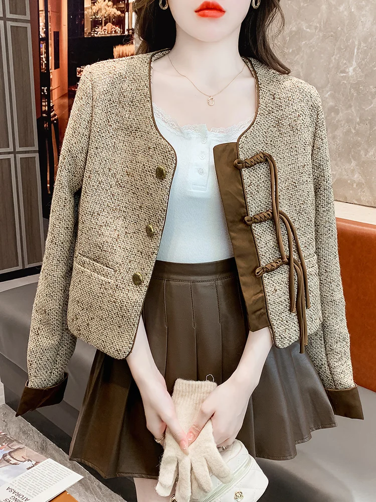 Nieuwe Chinese Sle-jas voor dames, herfst-winter, nieuw, klein formaat, knoopvest, top, woon-werkverkeer, Sle, ronde hals, lange mouwen