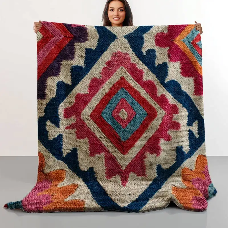 

Bohemian Kilim Geometric Throw Blanket, Soft Cozy Flannel Blanket for Couch Sofa Bed, Southwestern & Tribal Lover Gift
