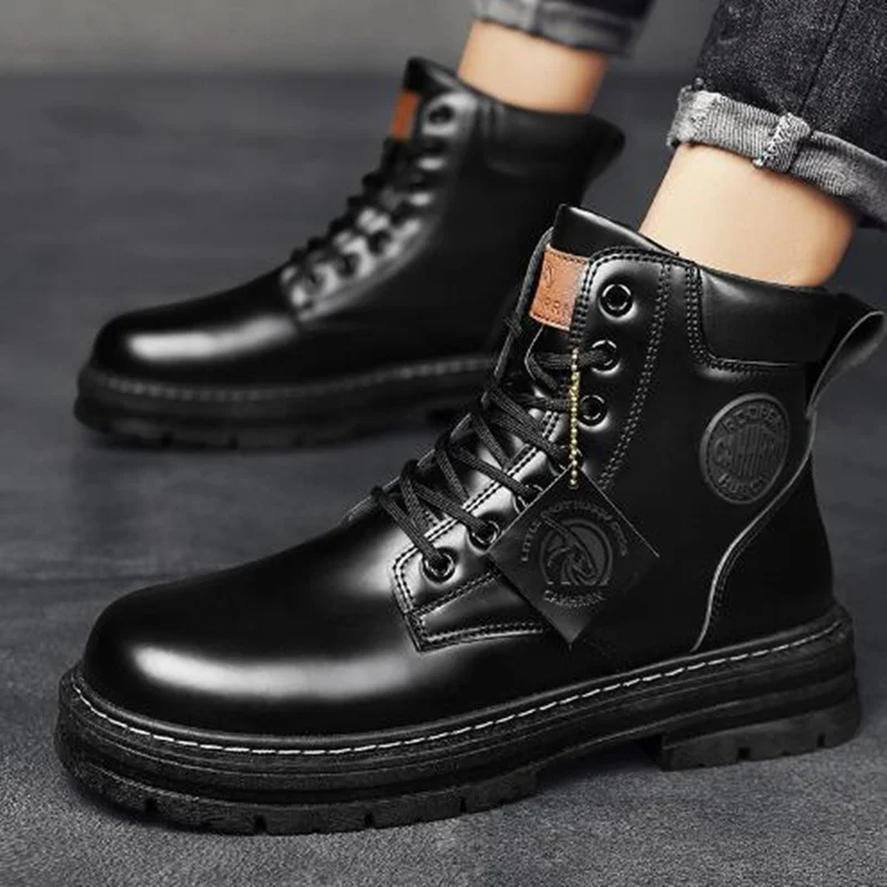 

Spring New Men's Boots Biker Boots Ankle Boots Soft Leather Lace Up Thick Bottom Black Shoes Couple Unisex Martens Boots Women