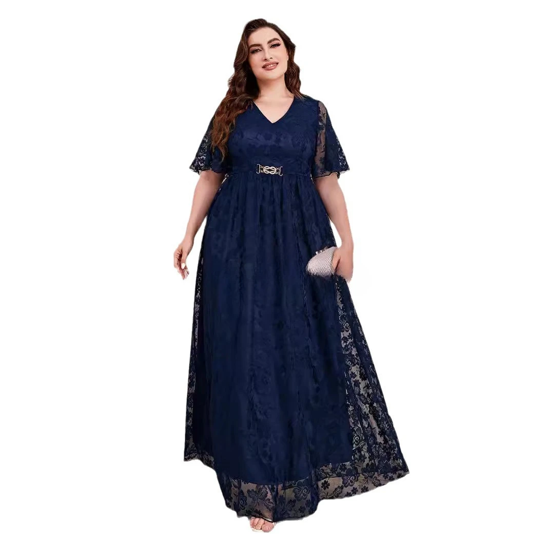 

Elegant Lace Embroidery V-neck Short Sleeves Long Plus Size Formal Evening Party Dress