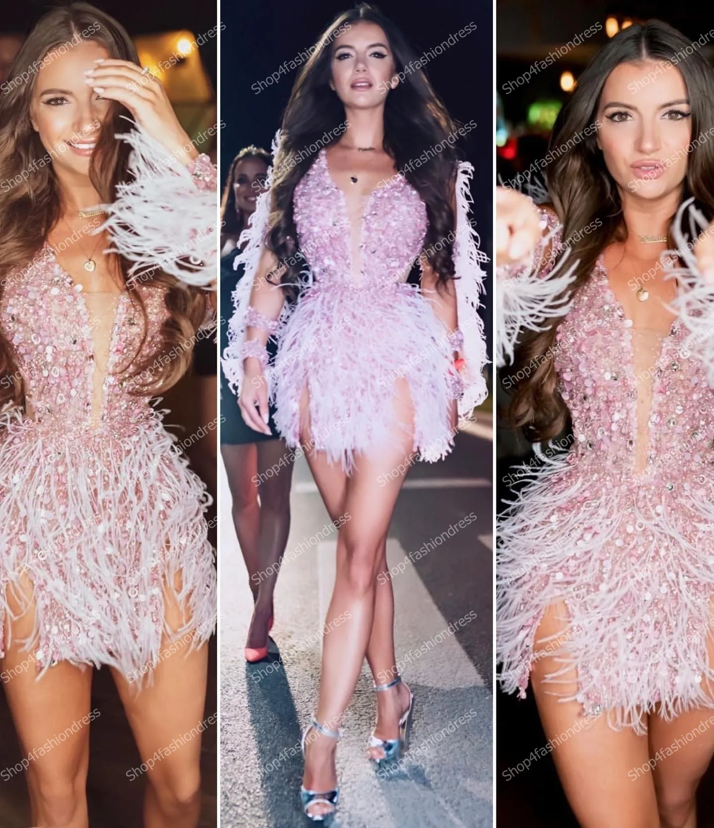 Shiny Pink Feathers Beading Prom Party Dresses Full Sleeves V Neck Mini Cocktail Dress Sexy High Split Glitter Celebrity Gowns