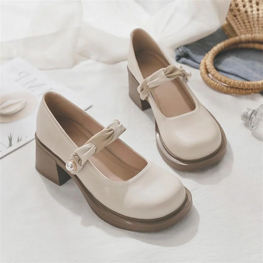 Beige Soft Leather Shoes Women Heels Mary Janes Platform Lolita Shoes Japanese Style Vintage Girls High Heel Pumps Woman Shallow