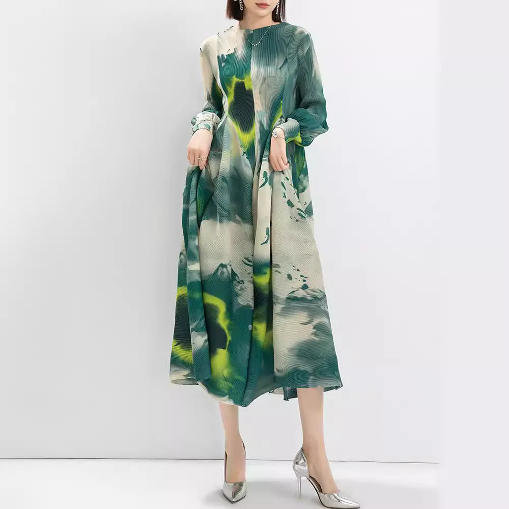 Miyake Dress for Women Autumn 2024 Fashionable Temperament Printed Lantern Sleeves Loose Semi High Neck Long Dress Versatile