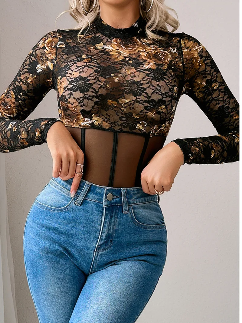 Body en maille et dentelle imprimé, léger, Mature, pur désir, Sexy, col rond, manches longues, cintré à la taille, amincissant, fourchette haute, charmant, E9F4