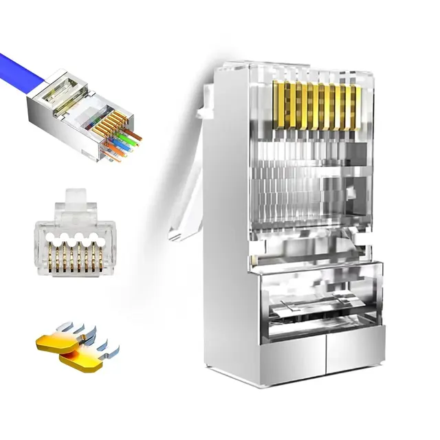 ZoeRax 50 sztuk Przelotowych Złączy RJ45 Cat6 Ekranowane Wtyki Modularne RJ45 Pozłacane Końcówki RJ45 8P8C