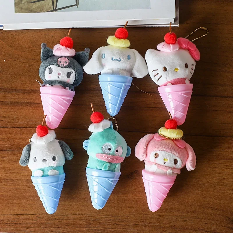 Sanrio Cone Ice Cream Cartoon Pendant Hello Kitty Kuromi Pochacco Cinnamoroll Plush Dol Toy Keychain Bag Pendant Accessories