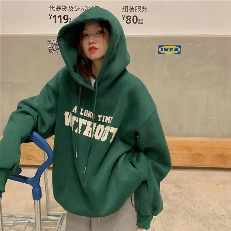 

Women's Fleece Lined Hooded Sweatshirt Korean Style Loose Solid Color Early Spring Cute Harajuku Style Lightweight Hoodie