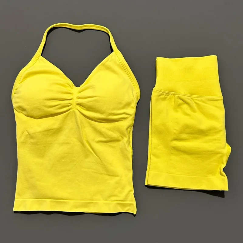 HITELLO Gym-Shorts-Set für Damen, nahtlos, Yoga, Longline-Top mit Trägern, Scrunch-Butt-Workout-Shorts-Set, Fitness, zweiteiliger Sportanzug – Detail 14