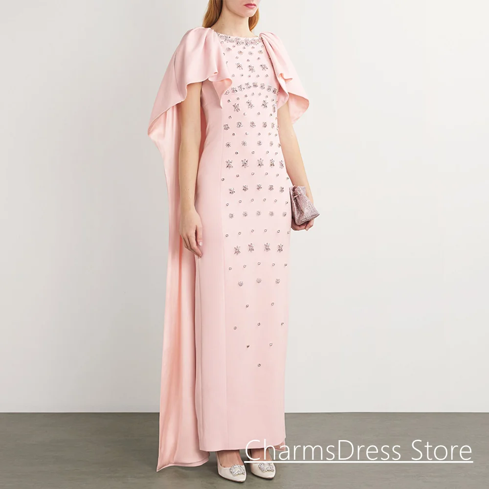Pink Evening Dress Customized Scoop Neck with Cape Heavy Beading Stones Ankle Length Dubai Party Gown Saud Prom Dresses