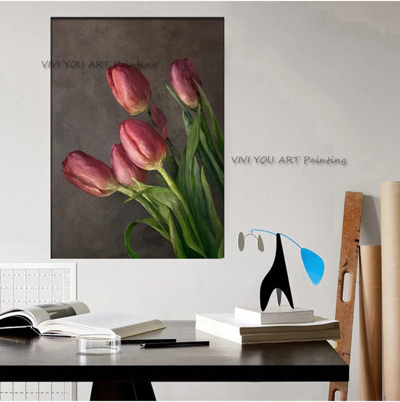 The New Handmade Flora Oil Painting On Canvas Creative Pink Tulip Wall Art Red Flower Oil Picture For Living Room Decoration