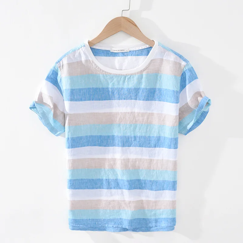 Pure Linen Striped T Shirt Men Summer New Short Sleeve Casual T-Shirts Man Fashion Tops Asian Size