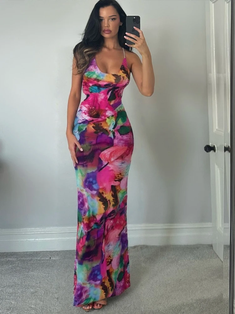 فستان شبكي صيفي للسيدات منتصف العجل من Kliou K23D33078 فتاة متعددة الألوان مطبوع عليها رسن بدون ظهر فستان ضيق